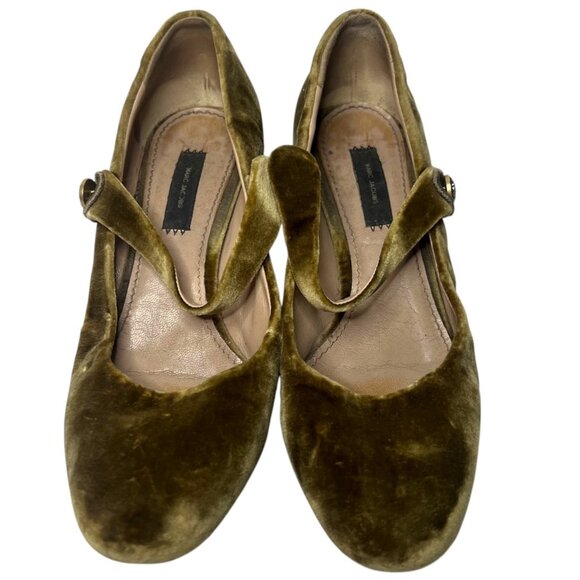 MARC JACOBS Velvet Mary Jane Pumps 35 Crystal Embellished Almond Toe Block Heel - Picture 3 of 9